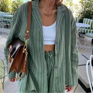 Zara Shirt Blouse Linen Blend Green Striped Oversized Button Up XS